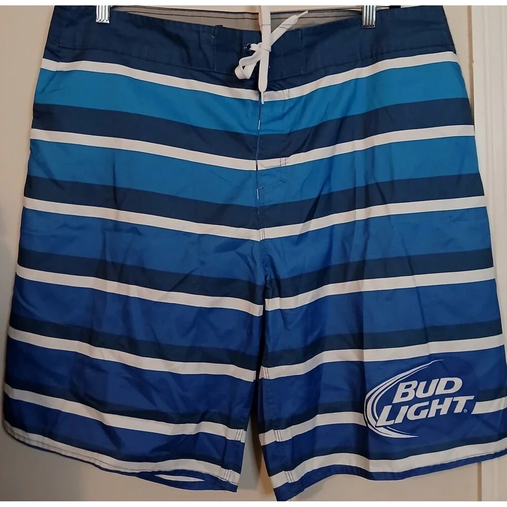 Bud Light Beer Board Shorts Mens 38 Blue Striped Swim Trunks Licensed